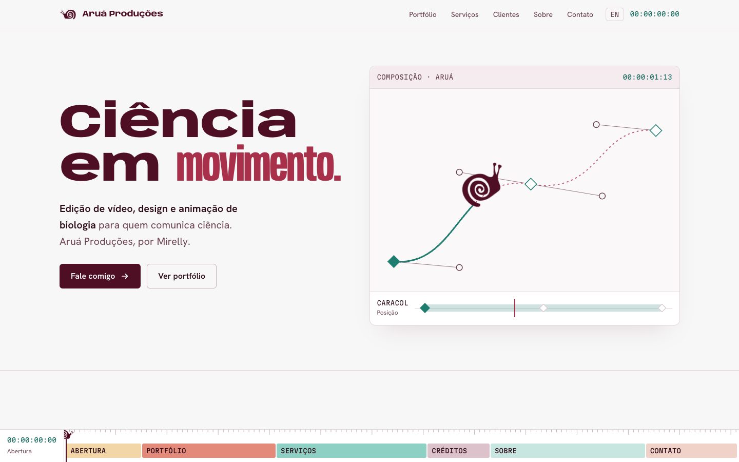 Página inicial do site da Aruá Produções com o título Ciência em movimento e uma linha do tempo animada