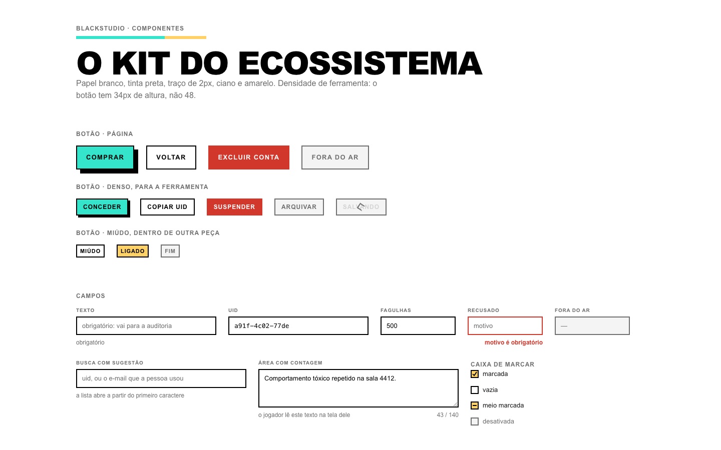 Botões e campos do design system da Blackstudio