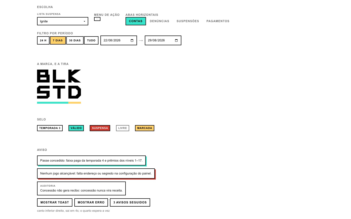 Marca, selos, filtros e avisos do design system da Blackstudio